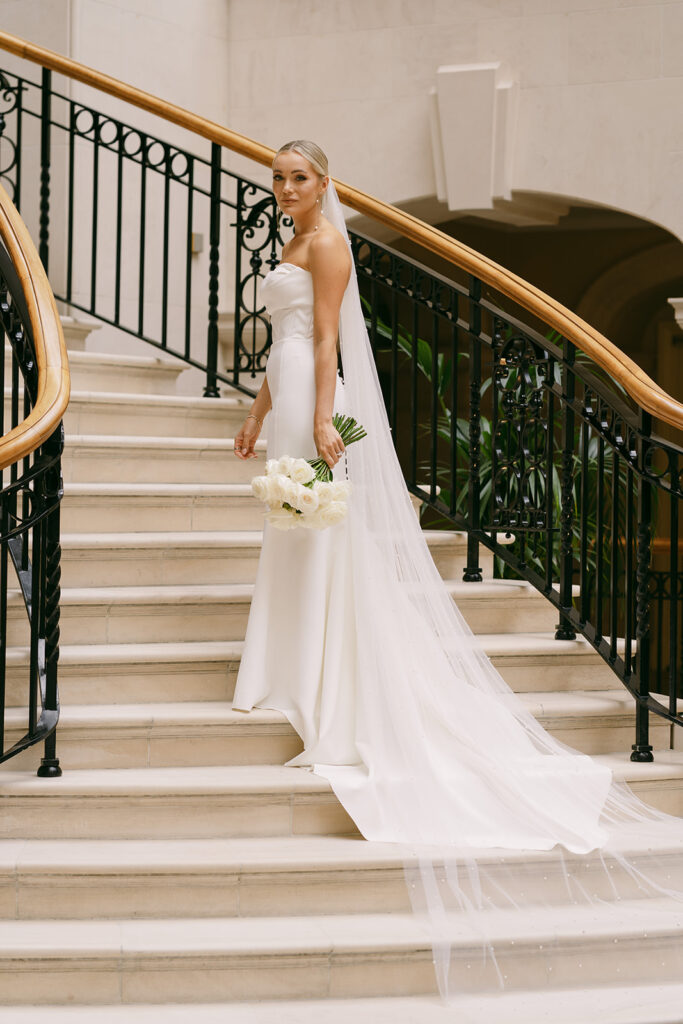 bride with a modern strapless satin wedding gown