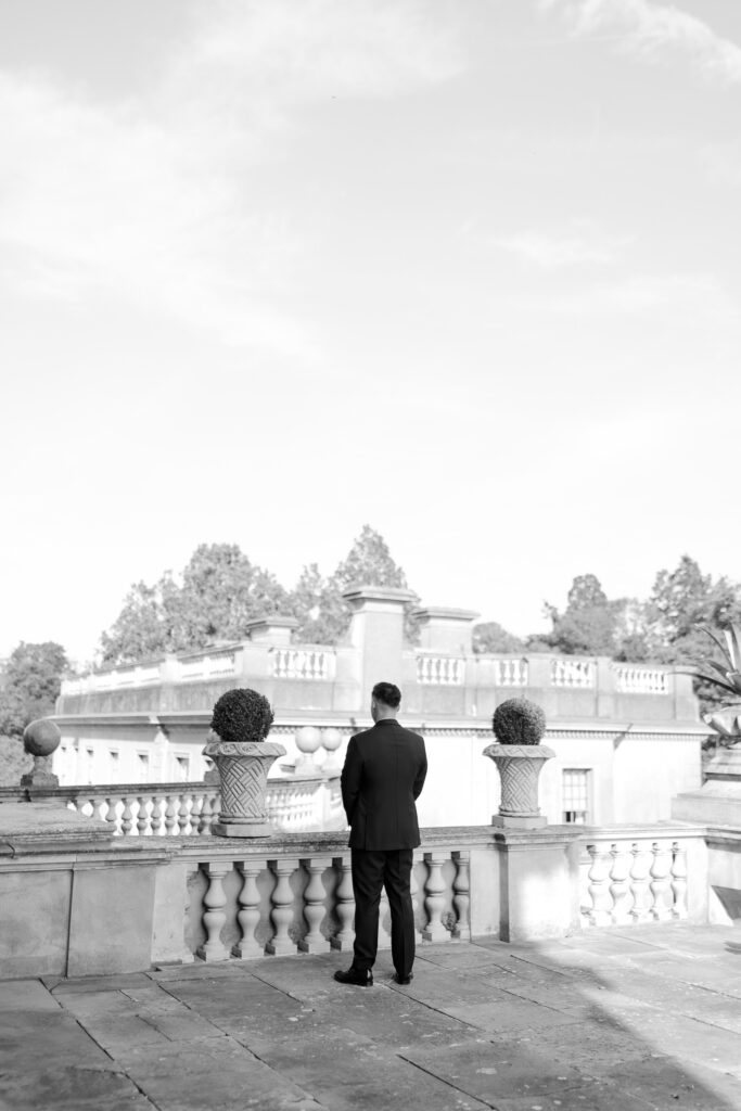 Groom waiting for the first look at Cliveden House