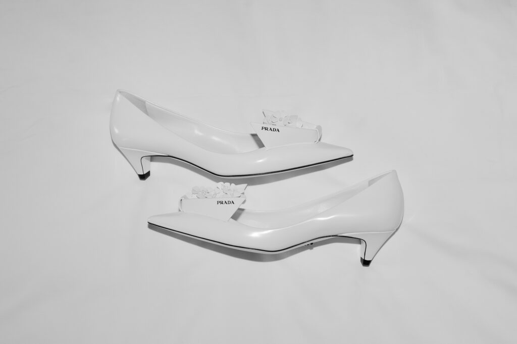 Detail shots of Prada kitten heels for wedding