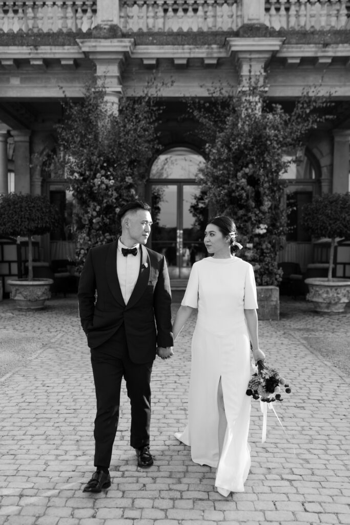 Black and white photo of newlyweds at Cliveden House